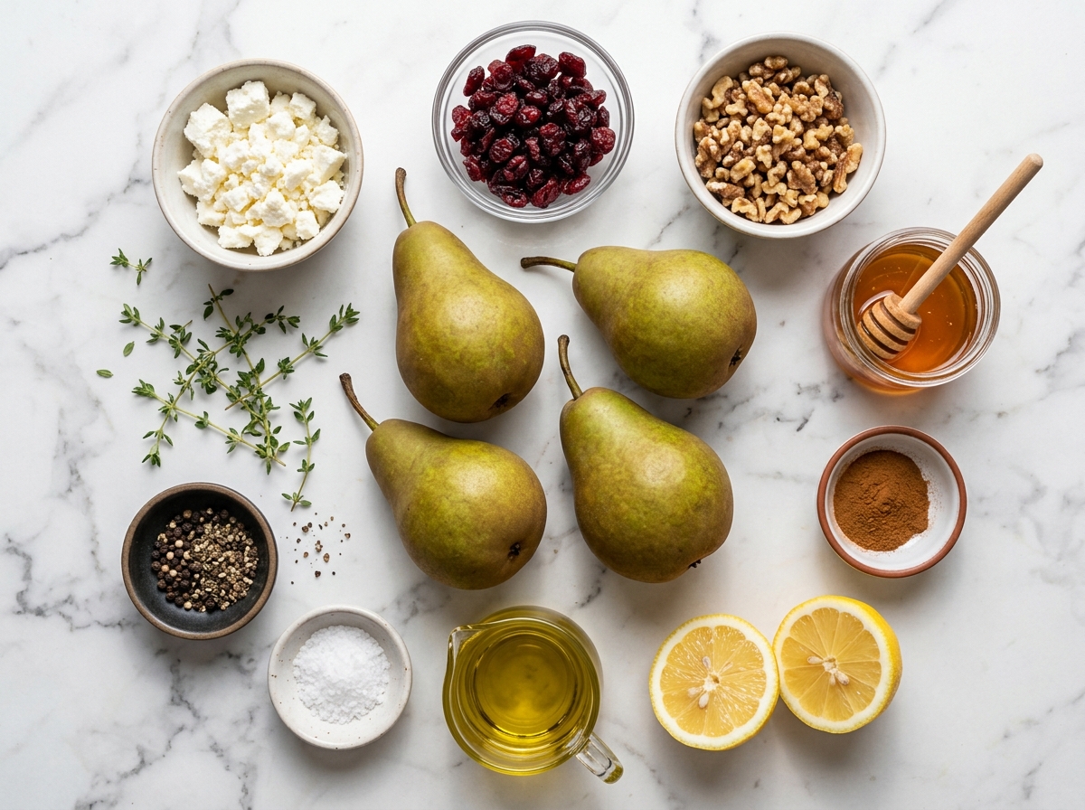 Pears, feta, honey, cranberries, walnuts, lemon, and thyme