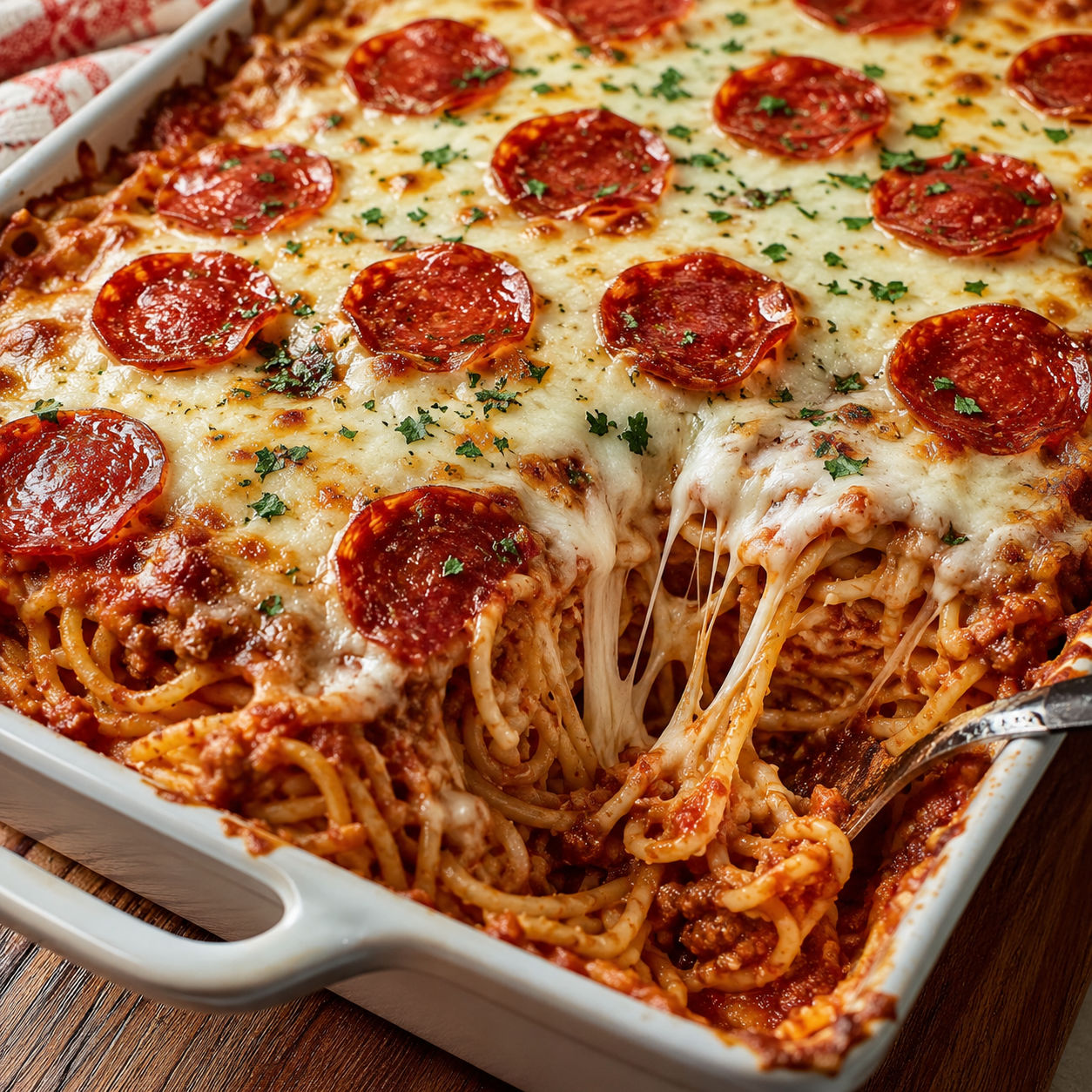 Baked Pizza Spaghetti with pepperoni, mozzarella, and parsley