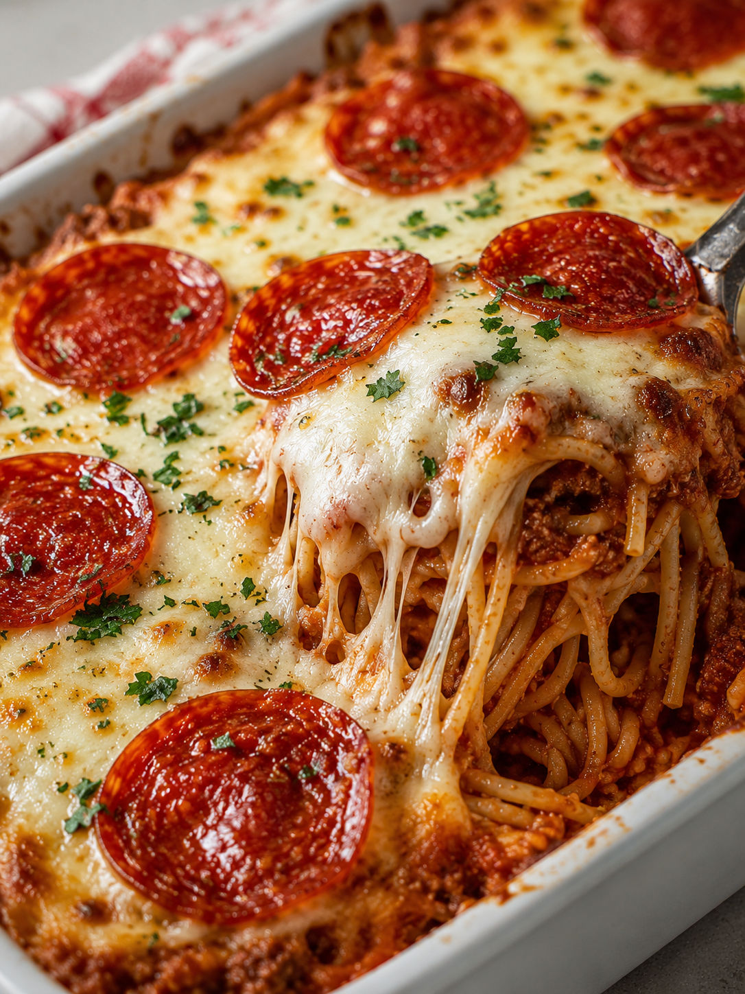 Baked Pizza Spaghetti, plated and served