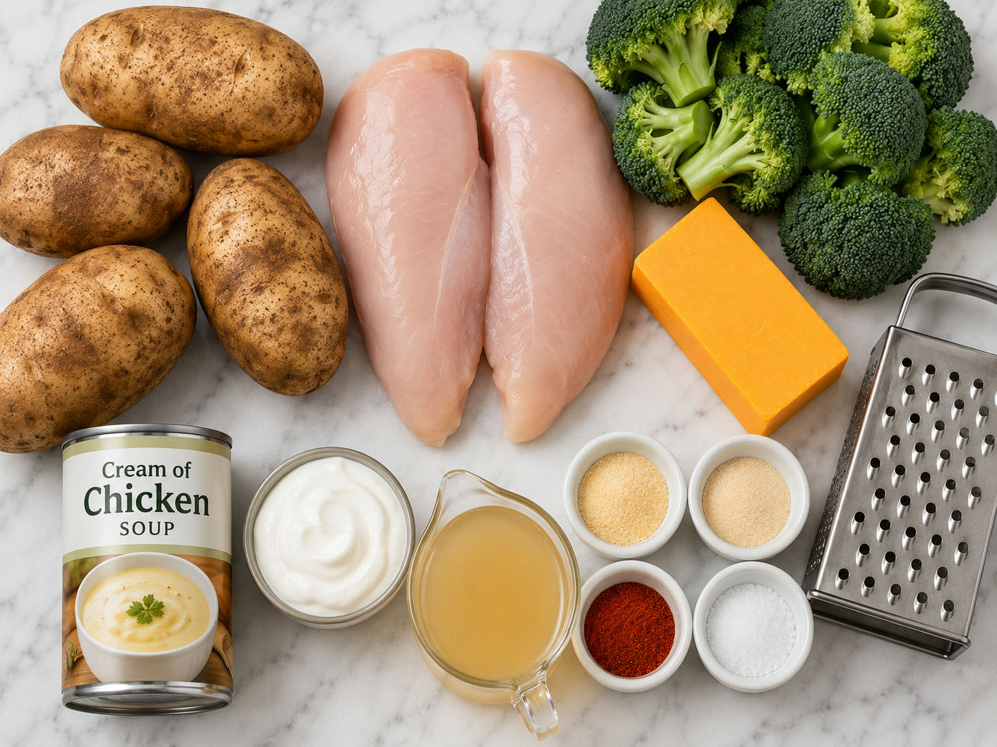 Raw ingredients for baked potato chicken broccoli casserole on a marble surface