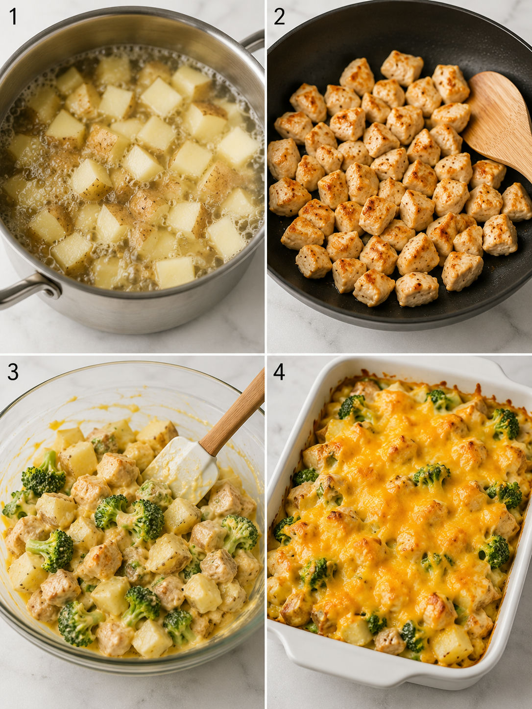 Four cooking steps for baked potato chicken broccoli casserole from boiling to golden baked finish