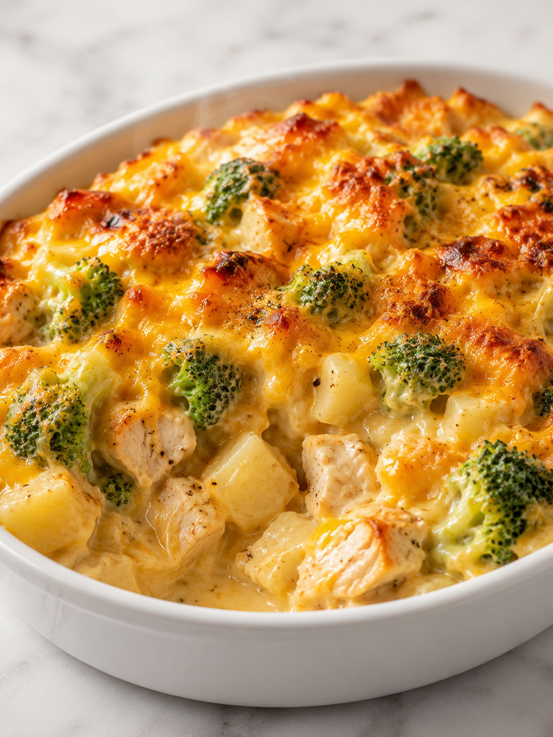 Low-angle view of baked potato chicken broccoli casserole with golden cheddar and bright broccoli
