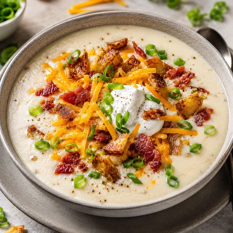 Baked Potato Soup with bacon, cheddar, sour cream, and green onions