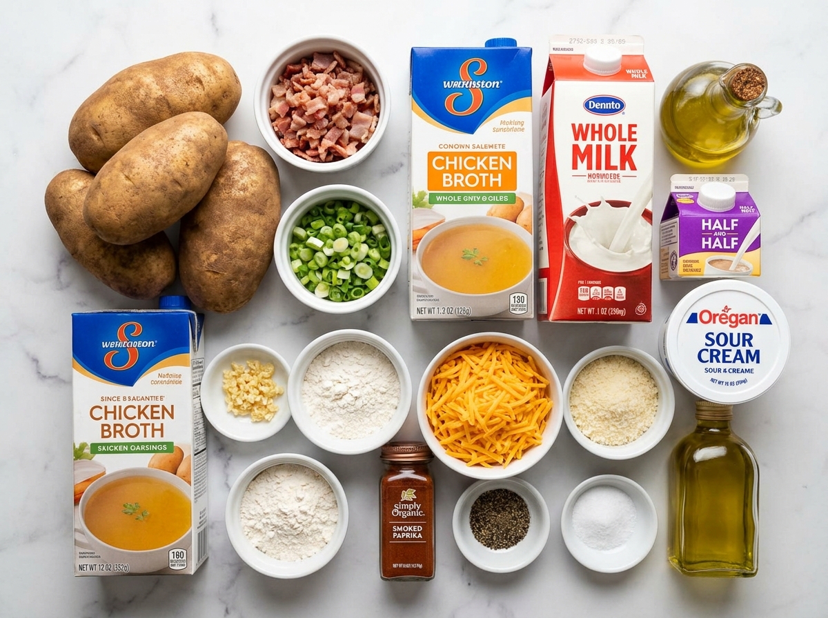 Ingredients for Baked Potato Soup with russets, bacon, cheddar, and sour cream