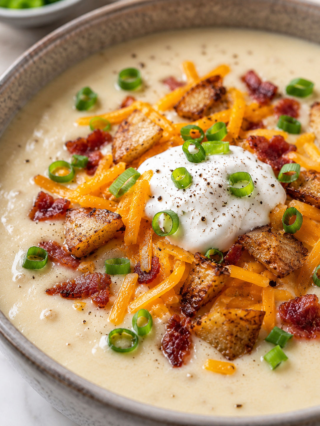Baked Potato Soup, plated and served