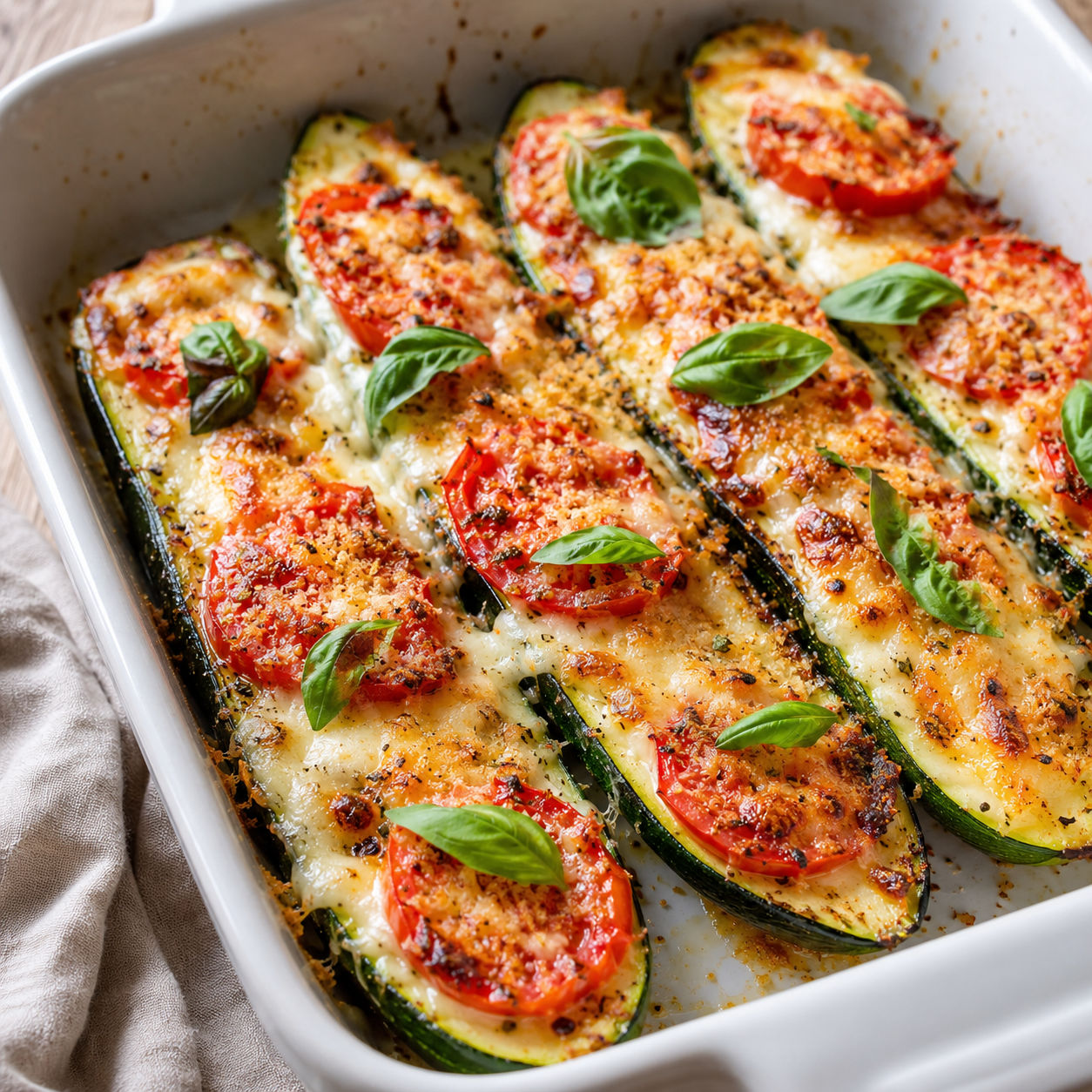 Baked zucchini with tomato, melted cheese, golden crumbs, and basil