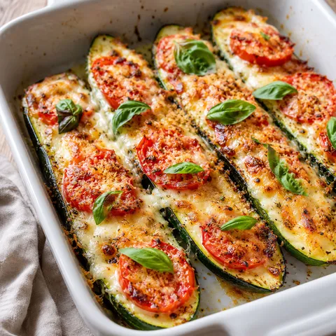 Baked zucchini with tomato, melted cheese, golden crumbs, and basil