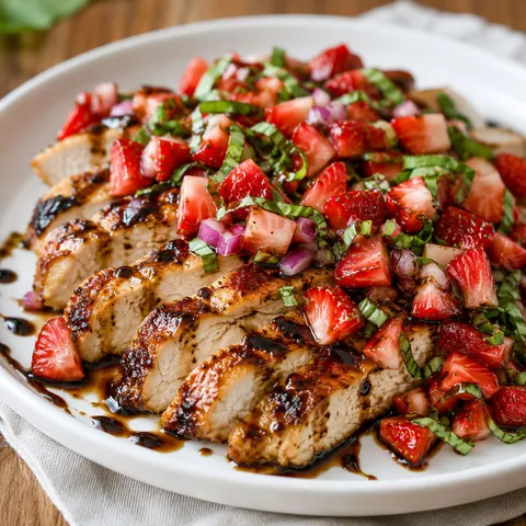 Balsamic chicken topped with strawberry basil relish on a white plate