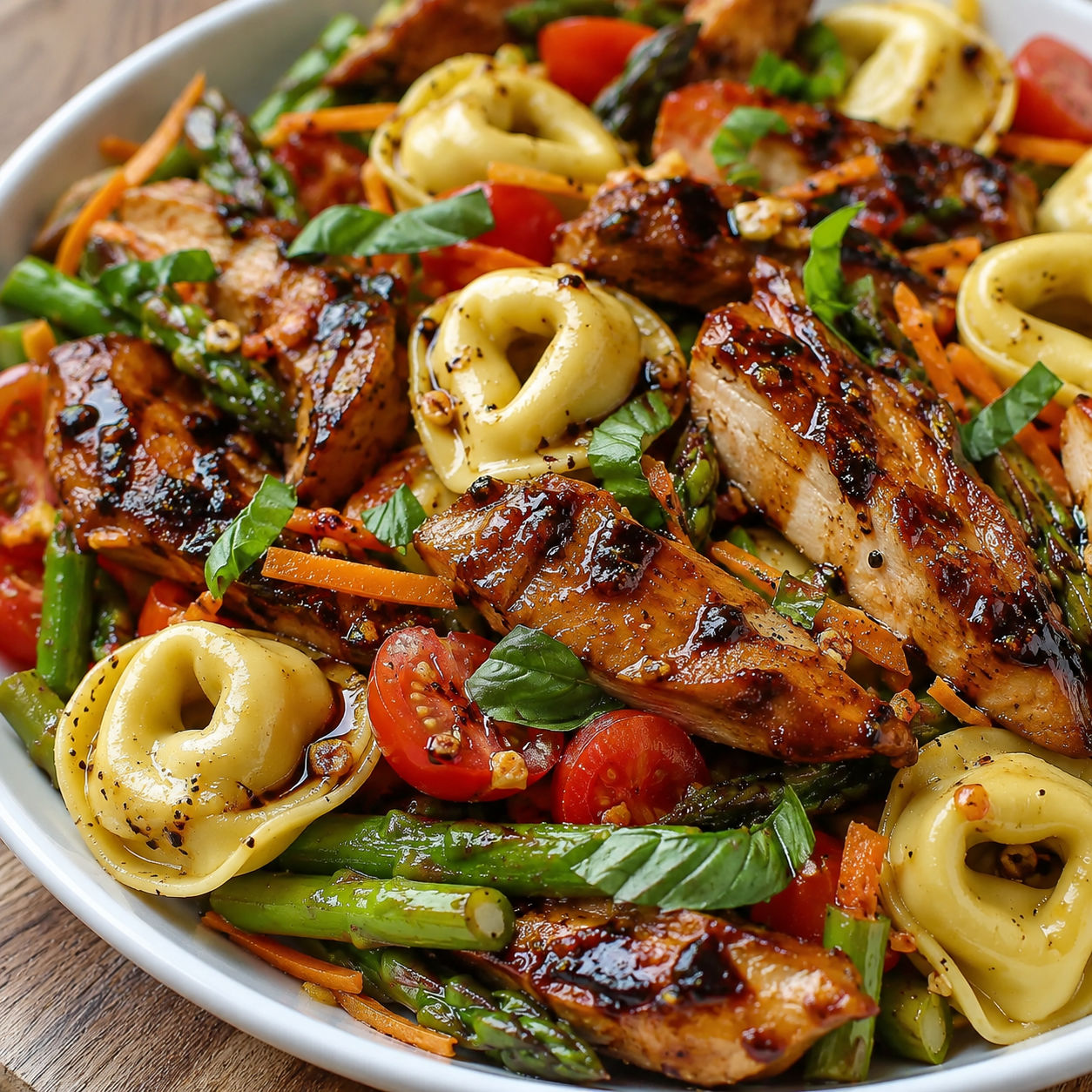 Balsamic chicken with cheese tortellini, asparagus, tomatoes, and basil