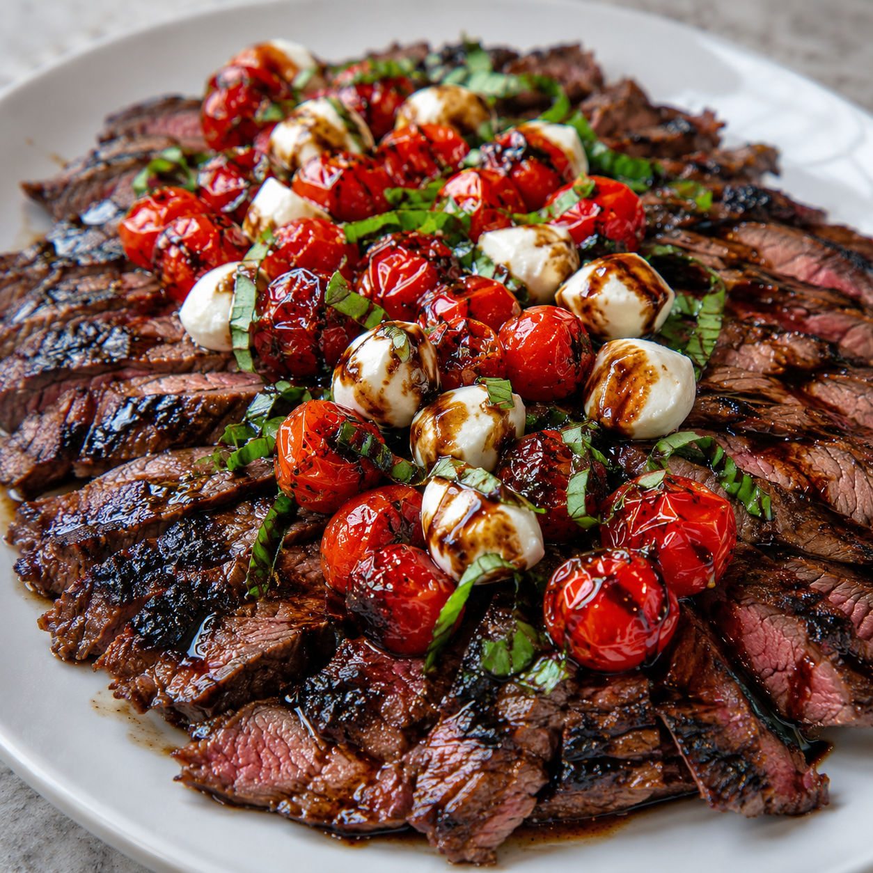 Balsamic grilled flank steak with tomatoes, mozzarella, and basil