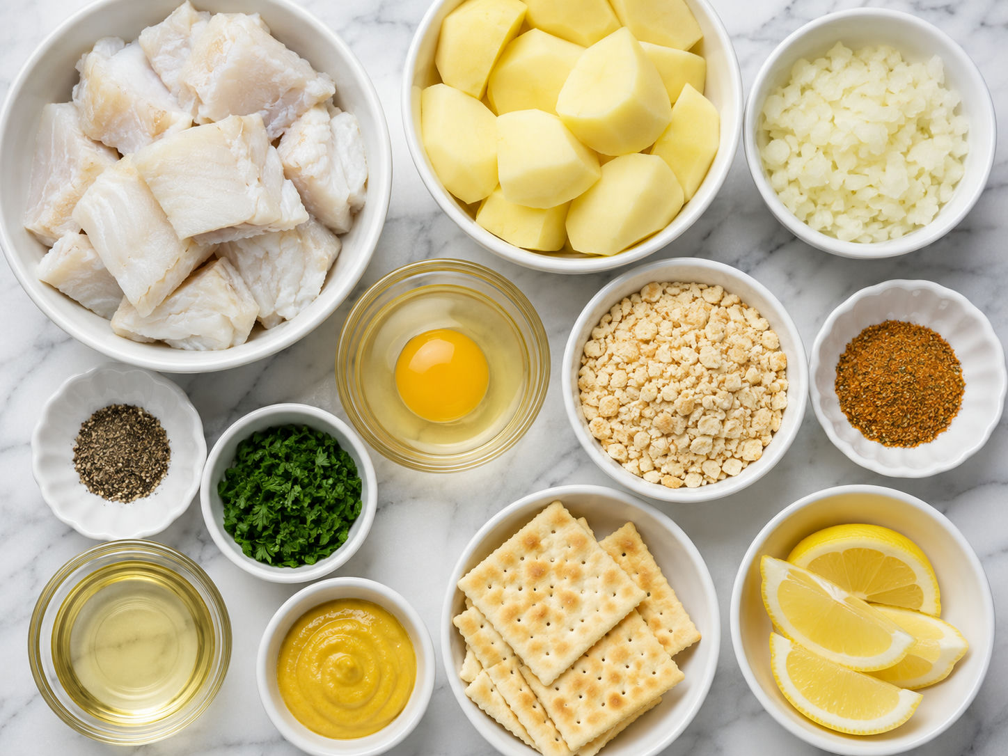Ingredients for Baltimore coddies with salt cod, potatoes, crackers, and mustard
