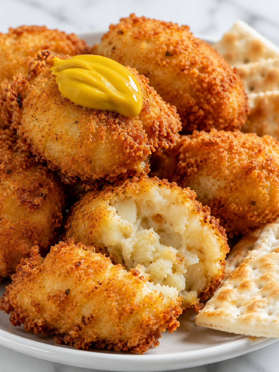 Golden Baltimore coddies with mustard and saltine crackers