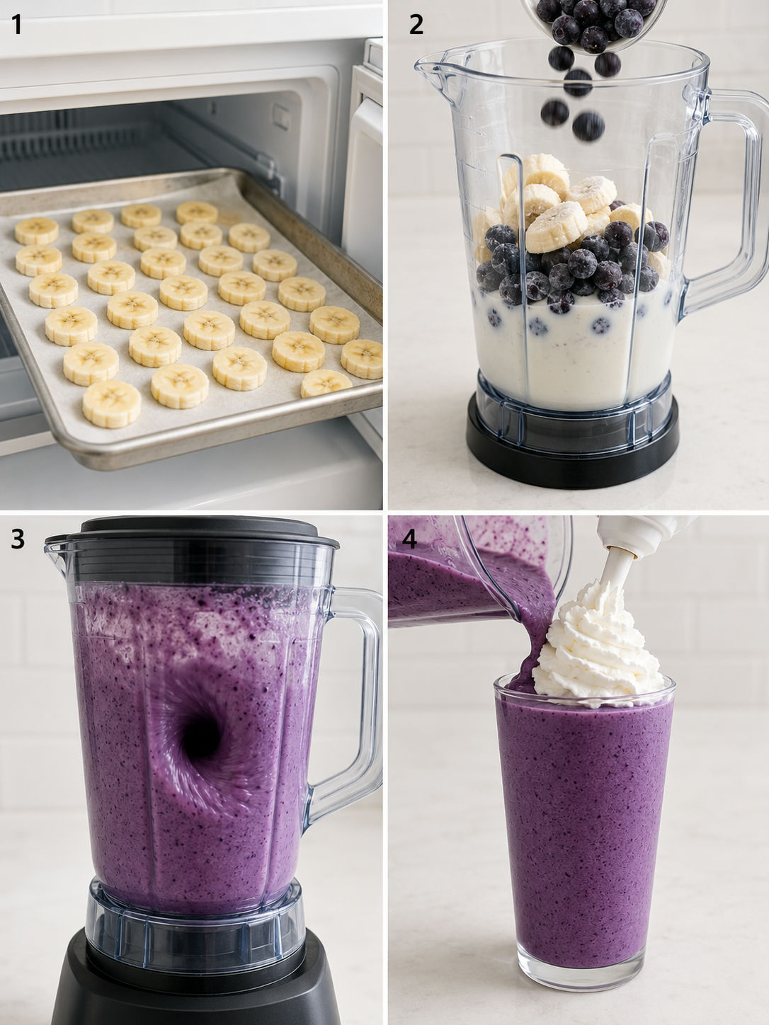 Four steps of making Banana Blueberry Whip Frappuccinos from freezing banana slices to pouring the finished drink
