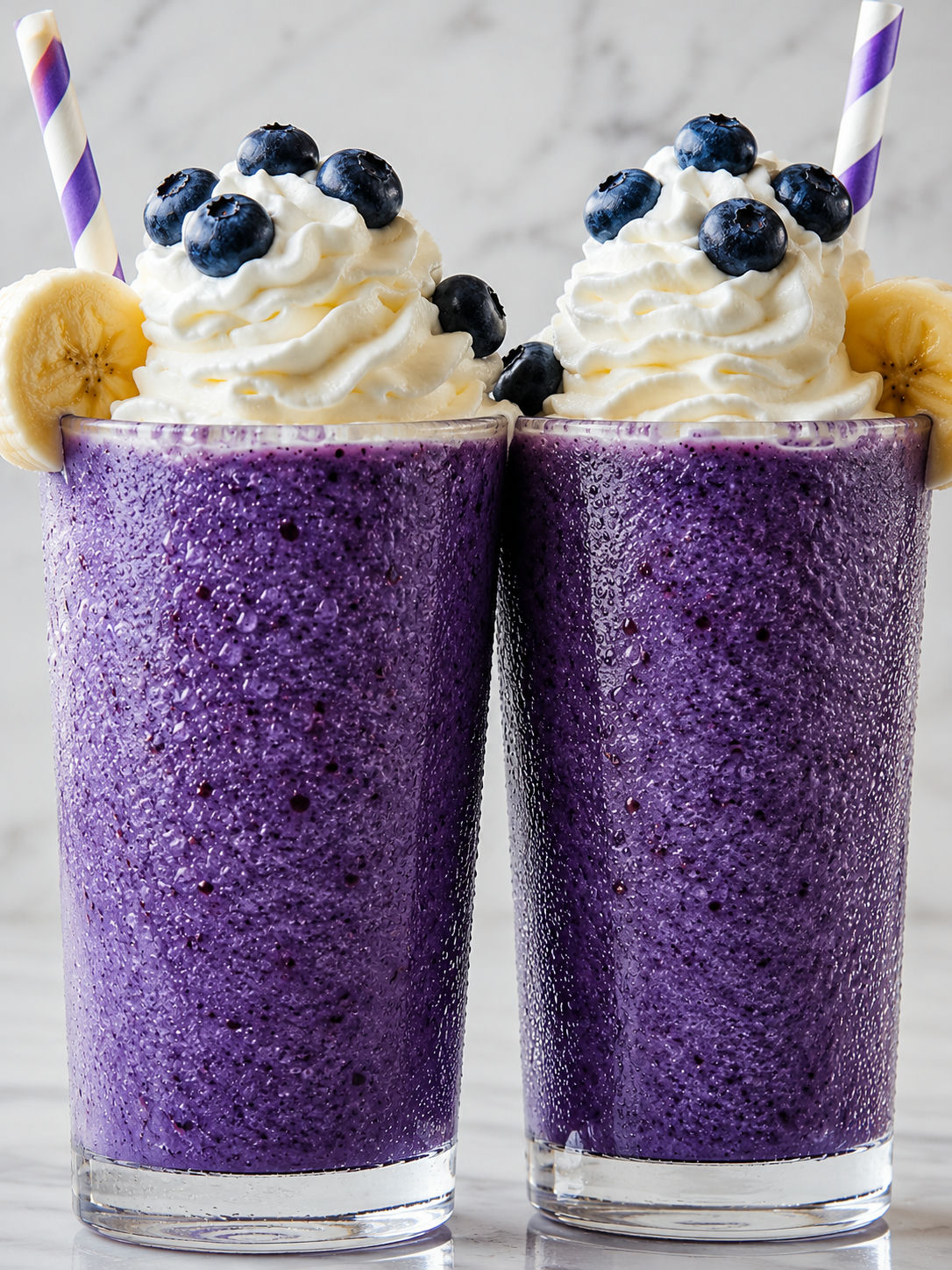 Two Banana Blueberry Whip Frappuccinos with whipped cream and blueberries in tall glasses