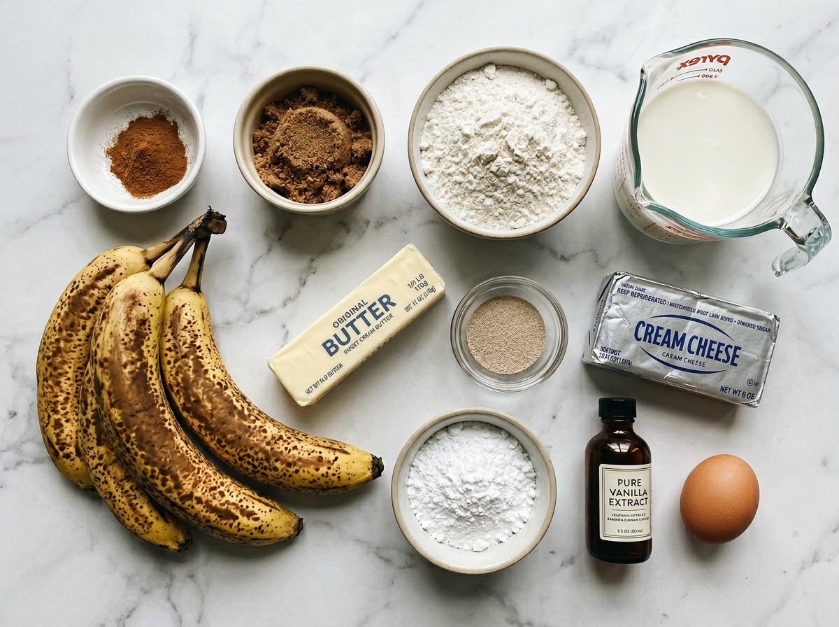 Raw ingredients for banana cinnamon rolls with ripe bananas and cream cheese