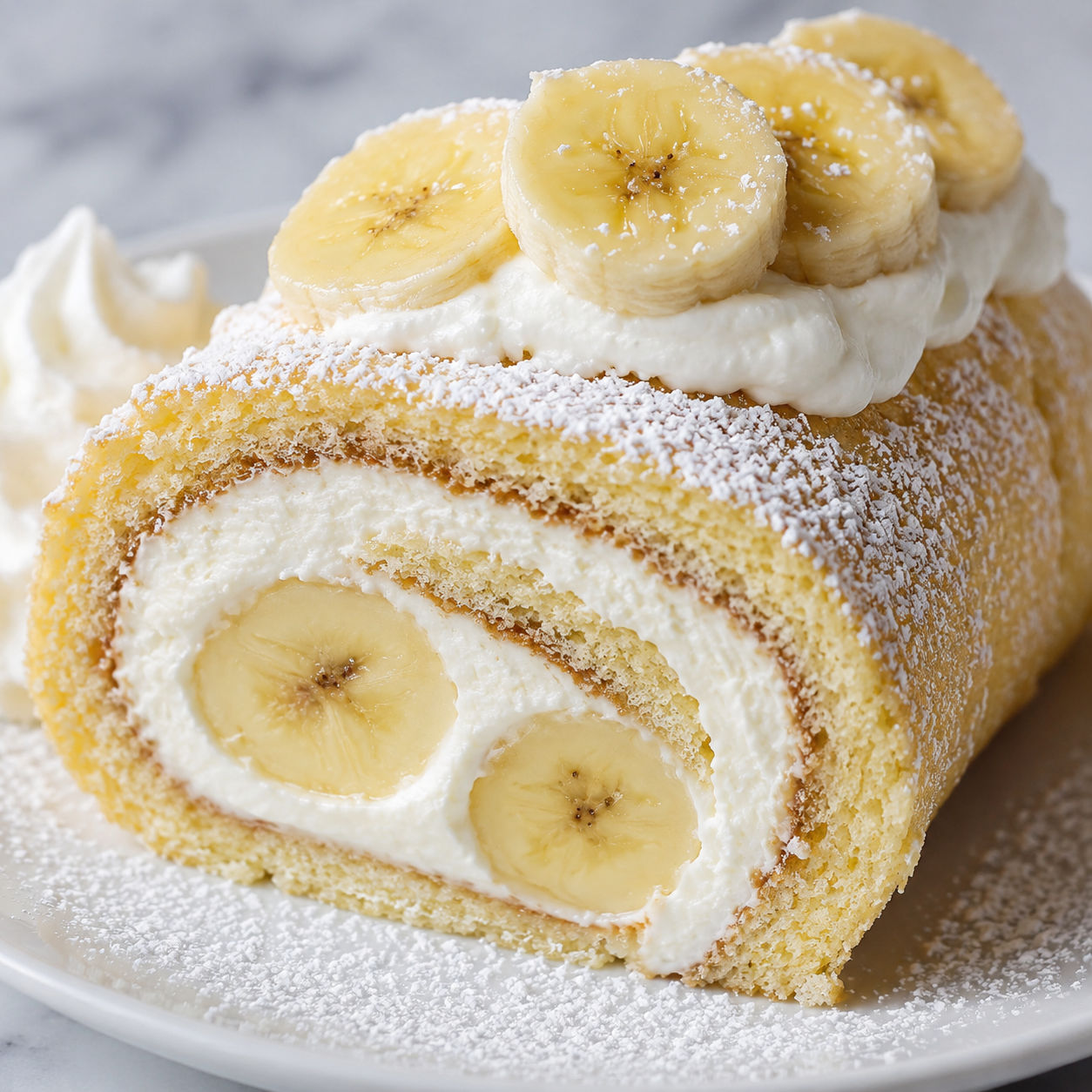 Banana cream cheesecake roll slice with fluffy filling and fresh bananas