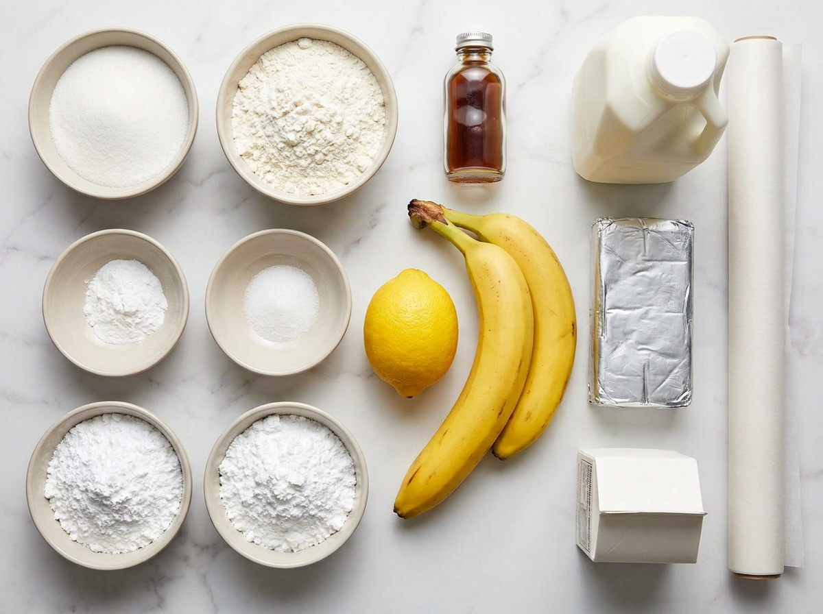 Ingredients for banana cream cheesecake roll on a pale counter