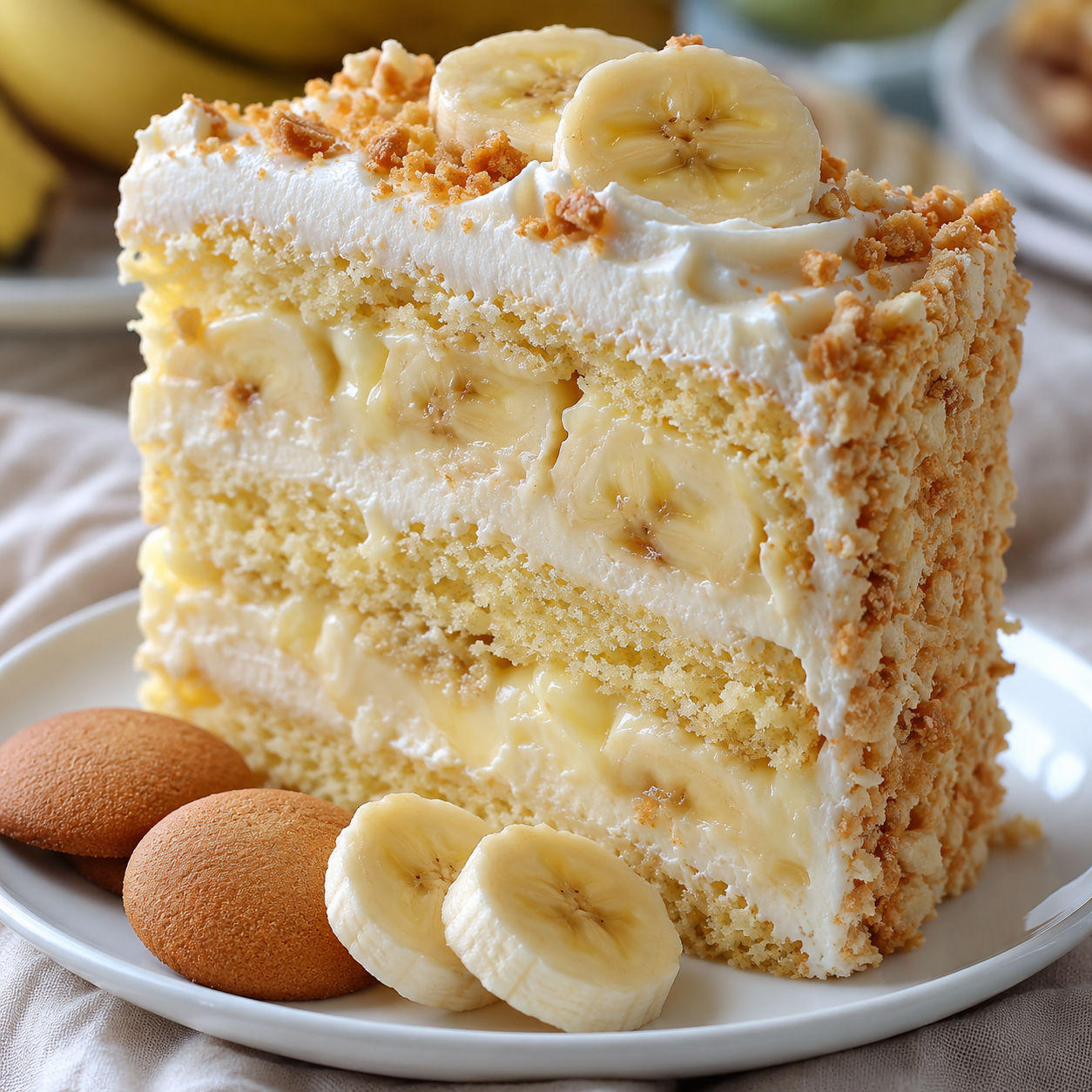 Banana pudding cake slice with creamy layers, fresh bananas, and wafer crumbs
