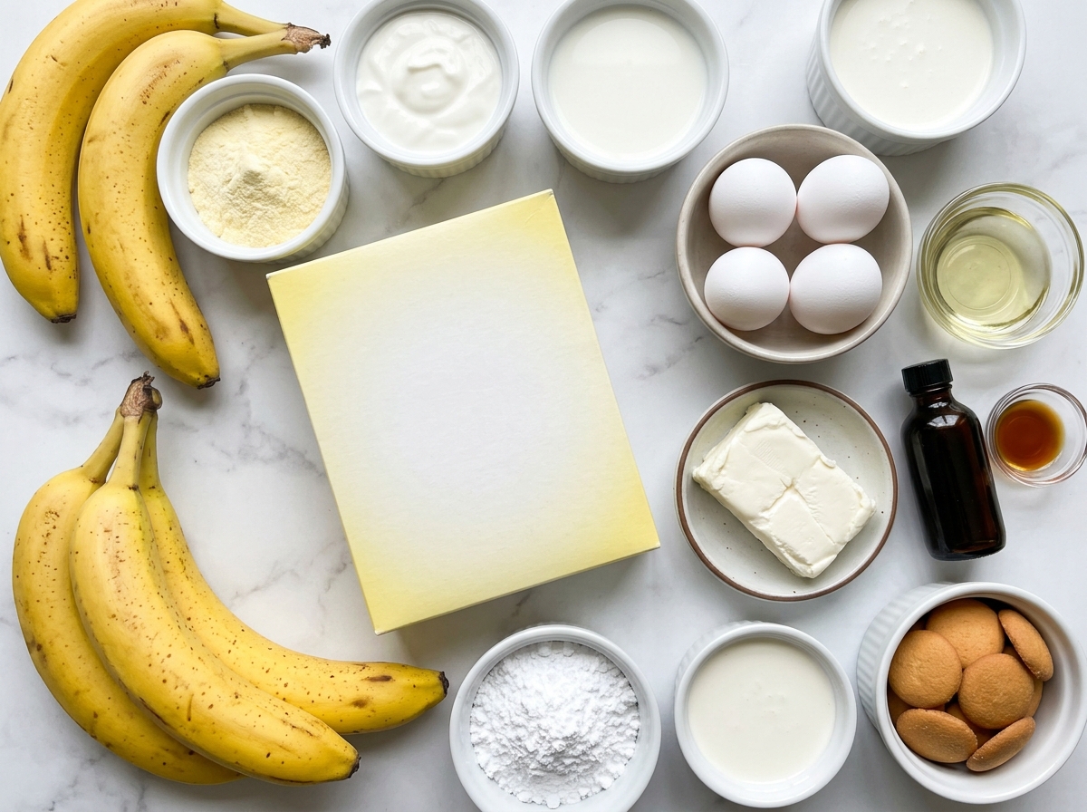 Ingredients for banana pudding cake with bananas, cream, wafers, and cake mix