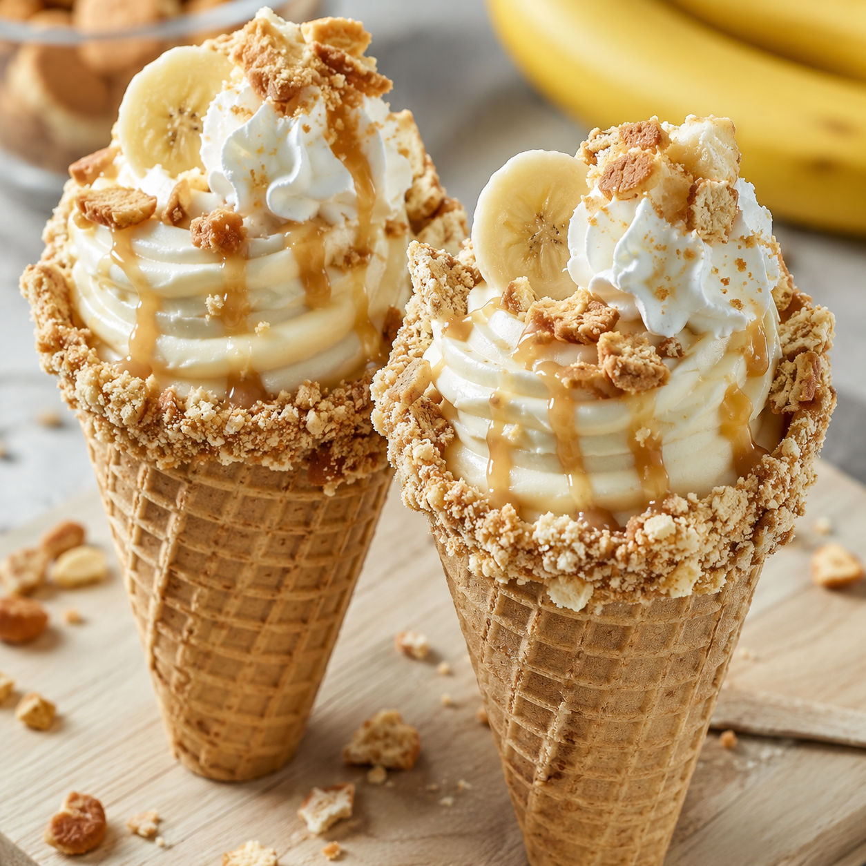 Banana pudding cheesecake cones with wafers, bananas, and caramel