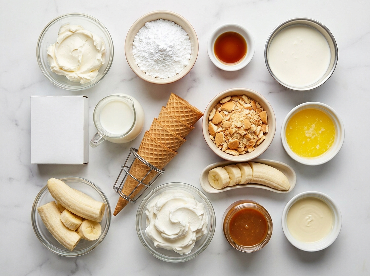 Ingredients for banana pudding cheesecake cones on a wooden surface