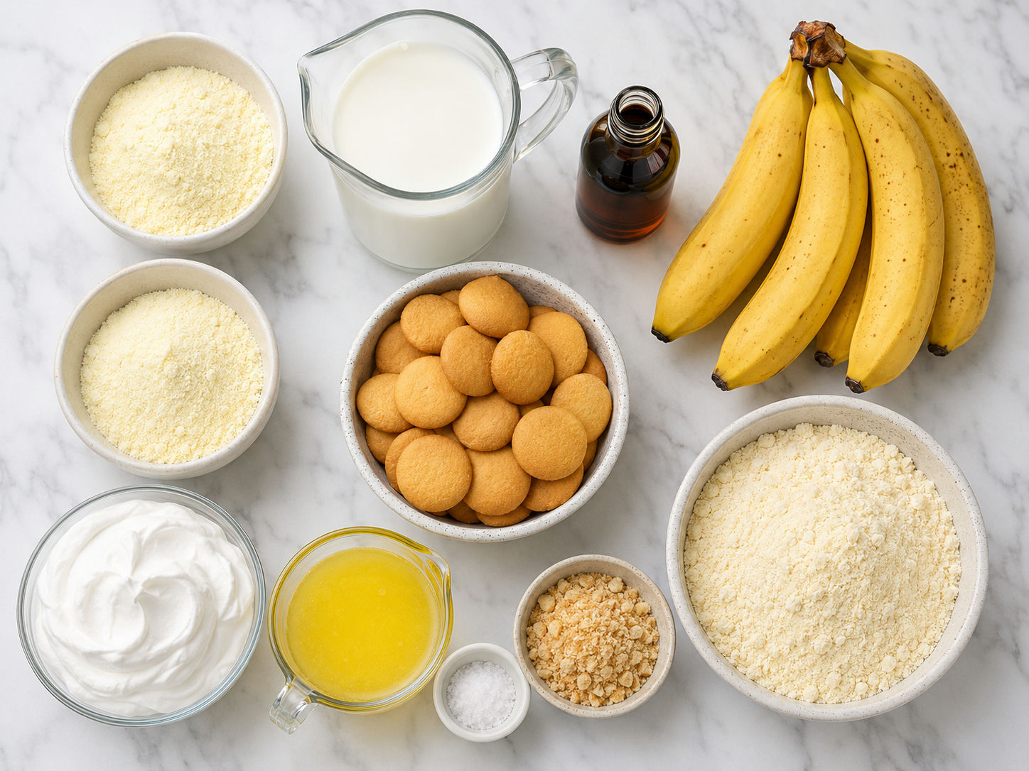 Ingredients for banana pudding dump cake with bananas and vanilla wafers