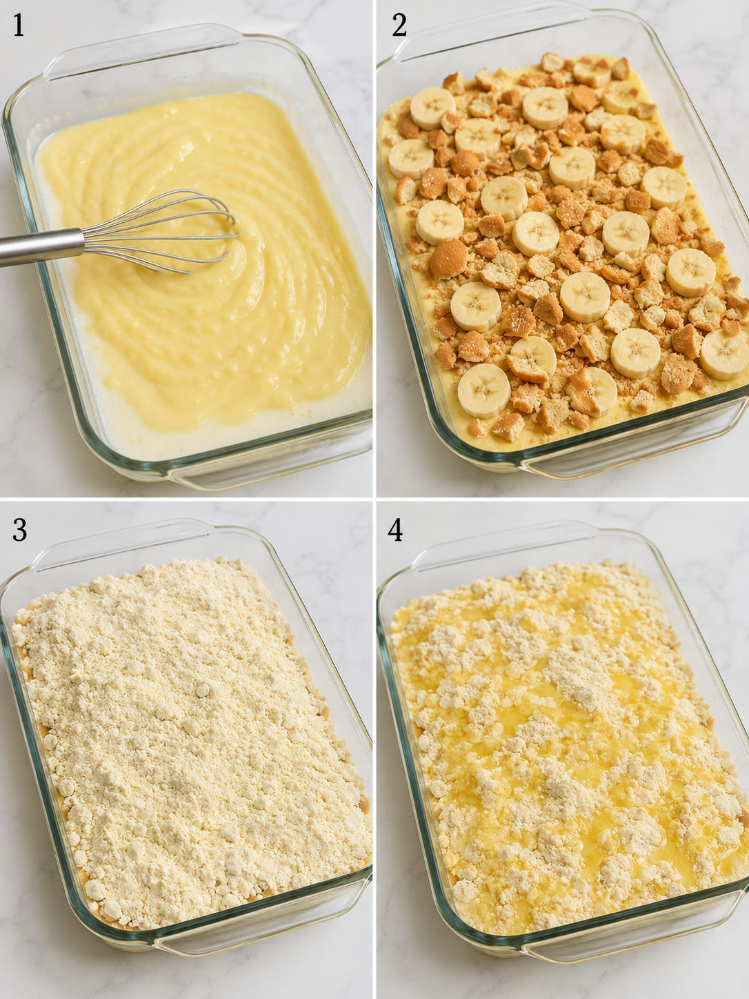 Four steps for layering banana pudding dump cake before baking