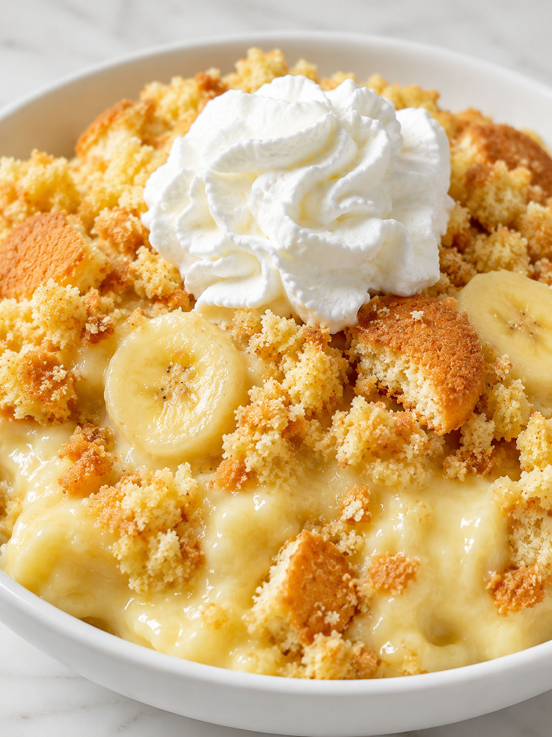 Warm banana pudding dump cake scoop with whipped cream and wafer crumbs