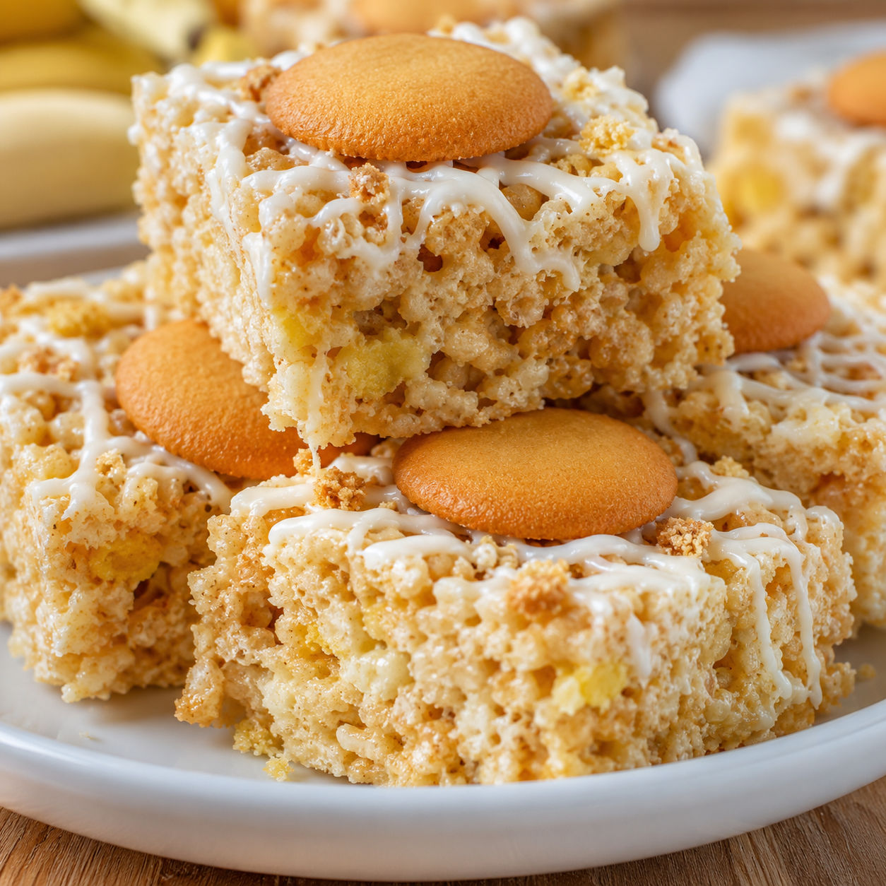 Banana pudding rice krispie treats with white chocolate and vanilla wafers
