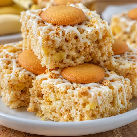 Banana pudding rice krispie treats with white chocolate and vanilla wafers