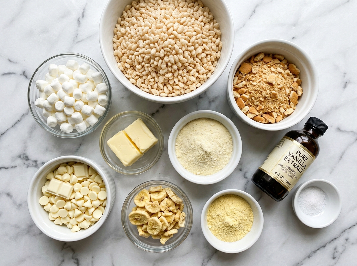 Ingredients for banana pudding rice krispie treats on a wooden surface