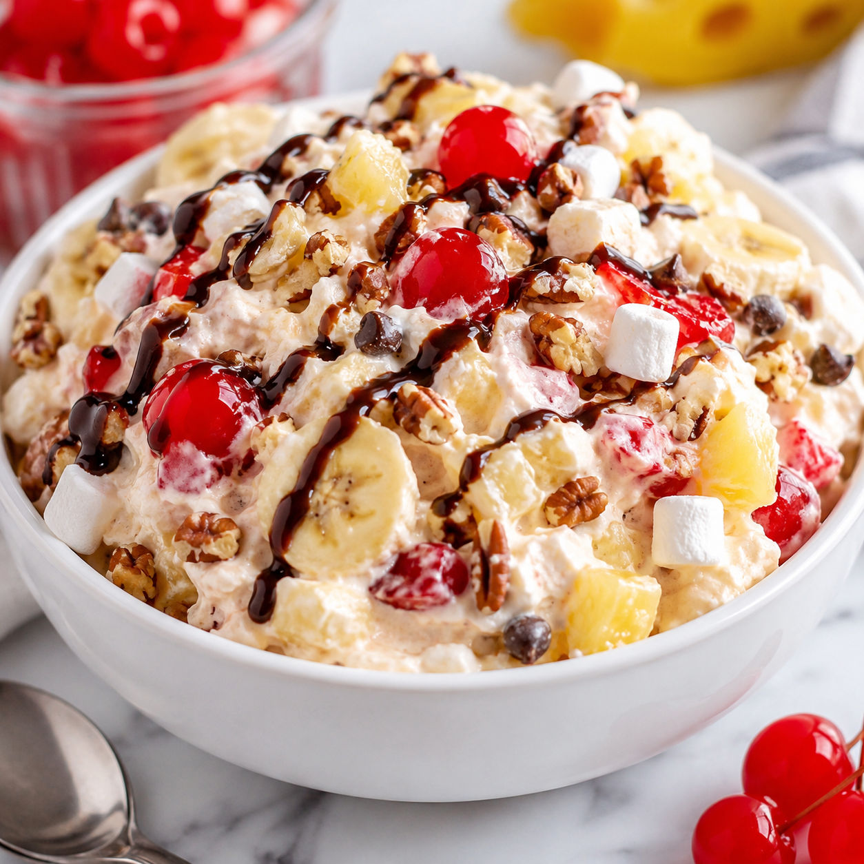 Banana split fluff with cherries, chocolate drizzle, bananas, and pecans