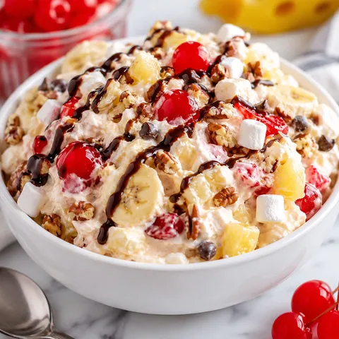 Banana split fluff with cherries, chocolate drizzle, bananas, and pecans
