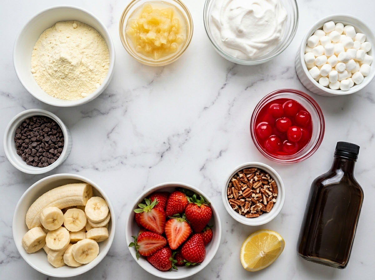 Ingredients for banana split fluff with pineapple, cherries, chocolate, and bananas