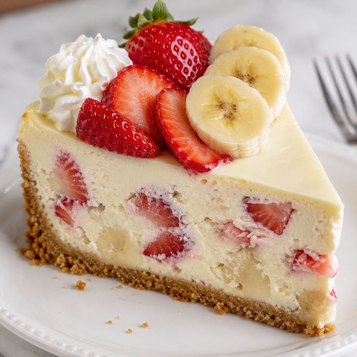 Banana-strawberry cheesecake slice with fresh fruit and graham crust