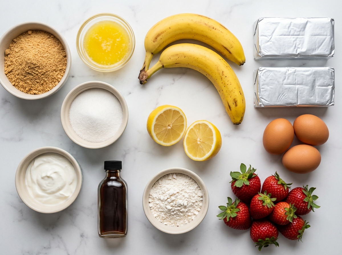 Ingredients for banana-strawberry cheesecake with cream cheese and fresh fruit