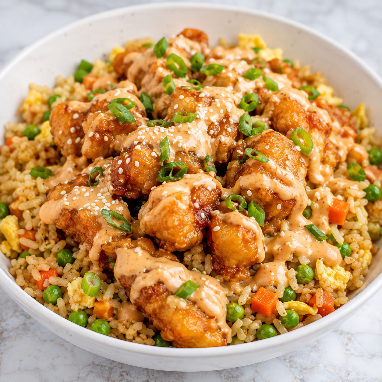 Bang bang chicken over fried rice with green onions and creamy sauce