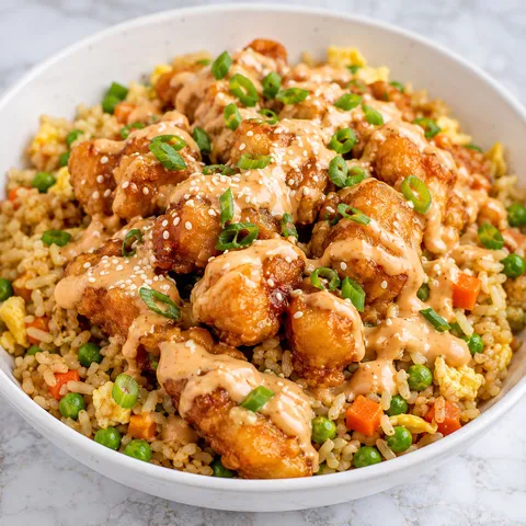 Bang bang chicken over fried rice with green onions and creamy sauce