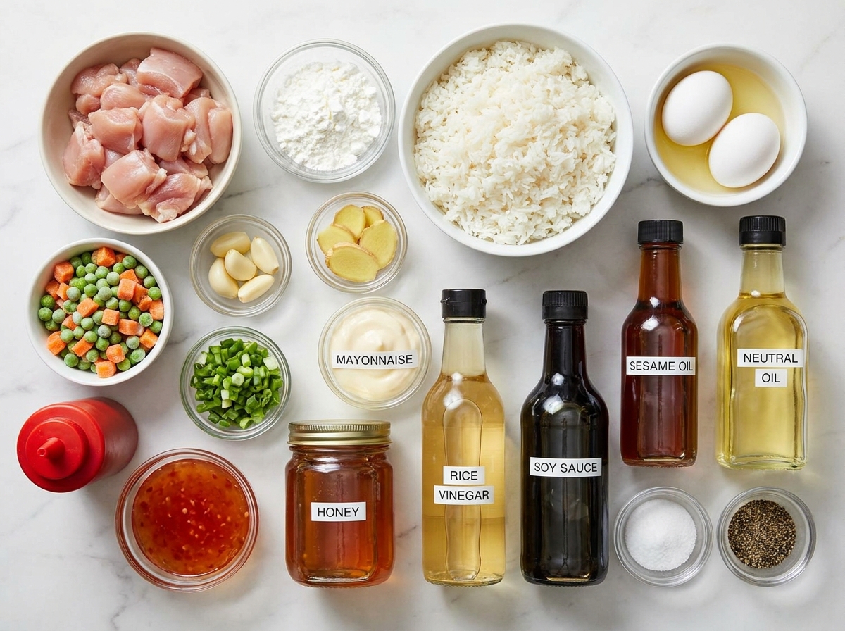 Ingredients for bang bang chicken fried rice on a light wood counter