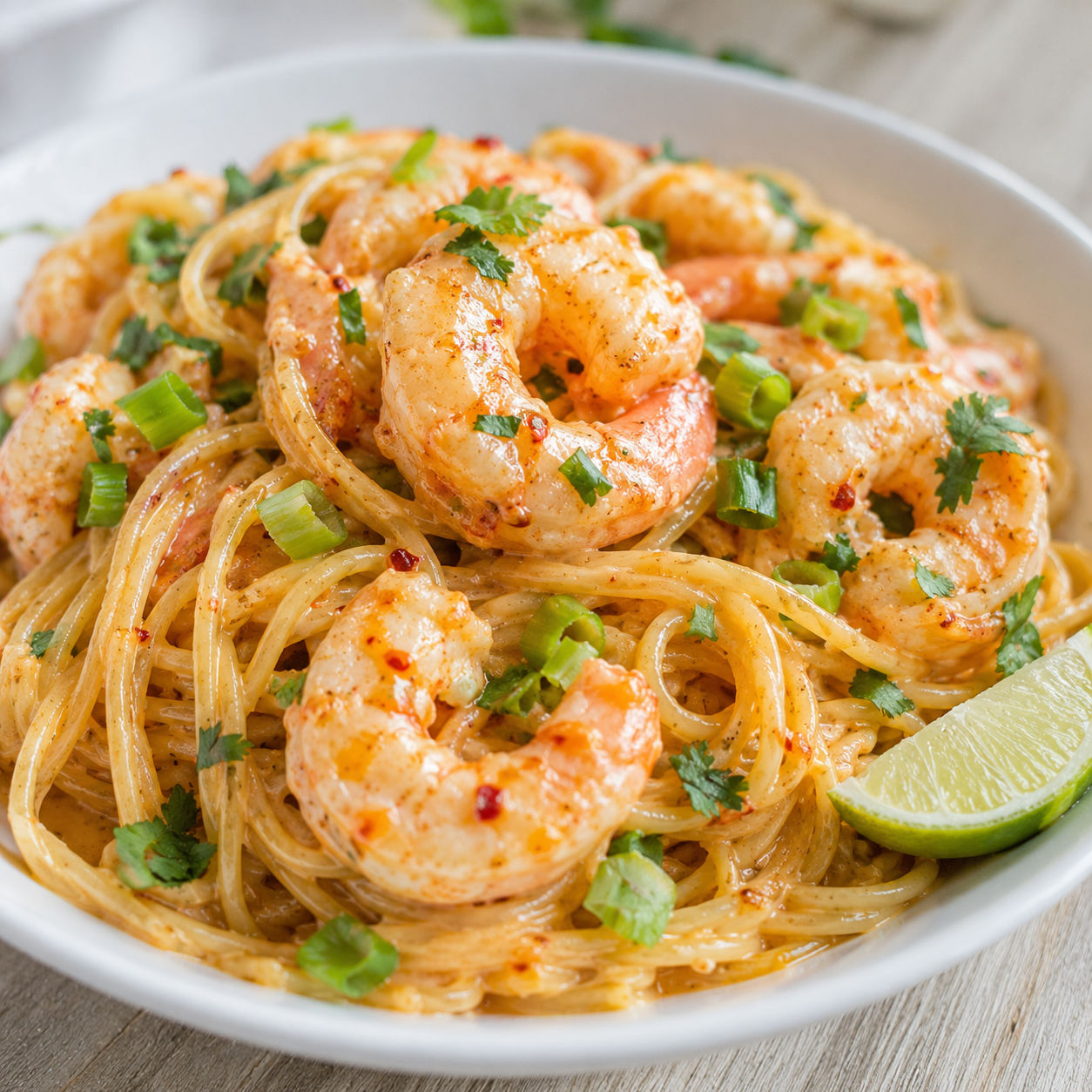 Bang bang shrimp pasta with creamy chili sauce, herbs, and lime