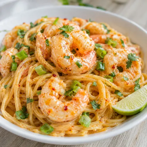 Bang bang shrimp pasta with creamy chili sauce, herbs, and lime