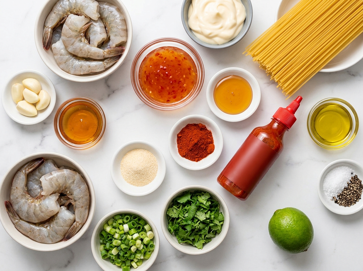 Raw shrimp, pasta, chili sauce, sriracha, lime, garlic, and herbs