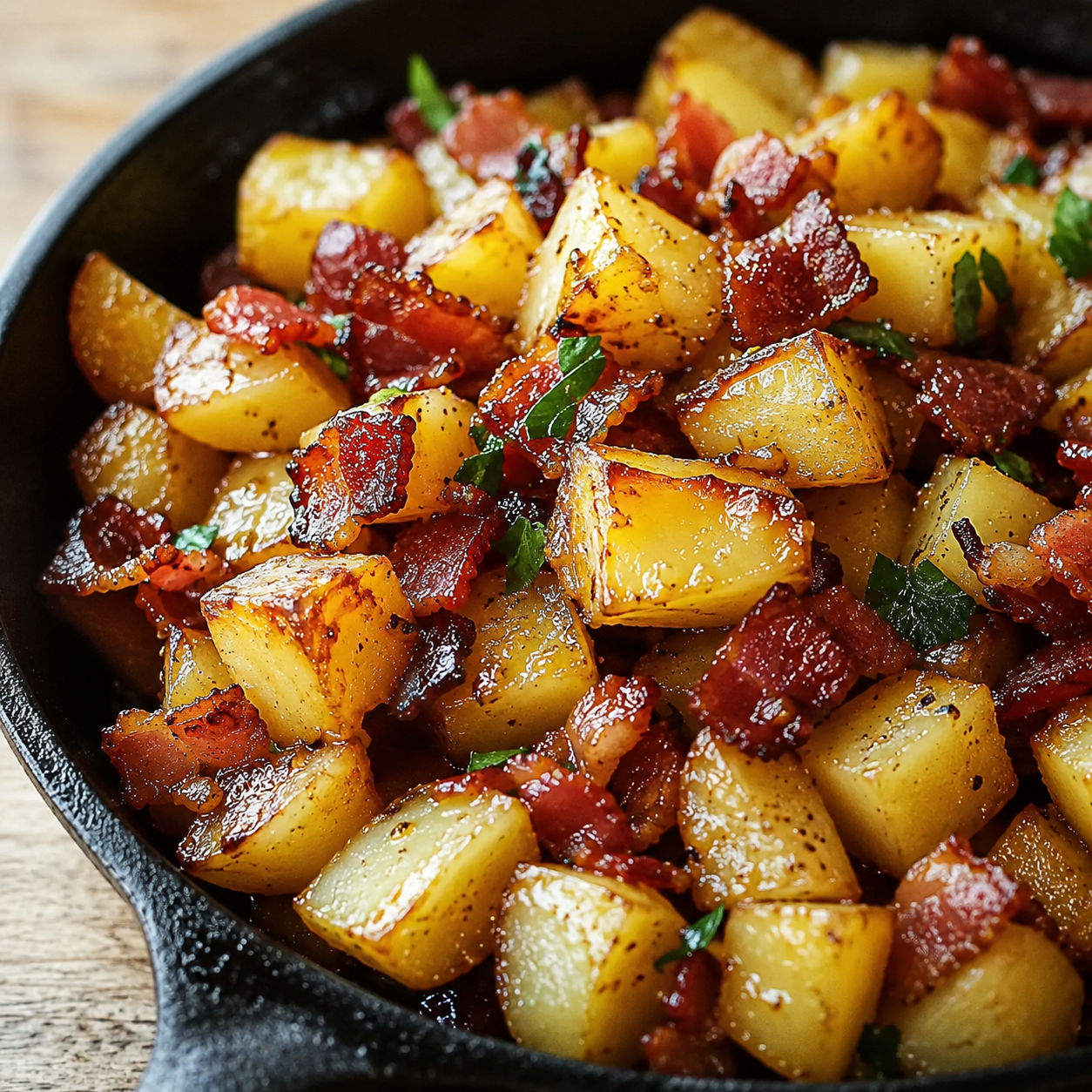 Golden breakfast potatoes with crispy bacon and maple glaze in a cast iron skillet
