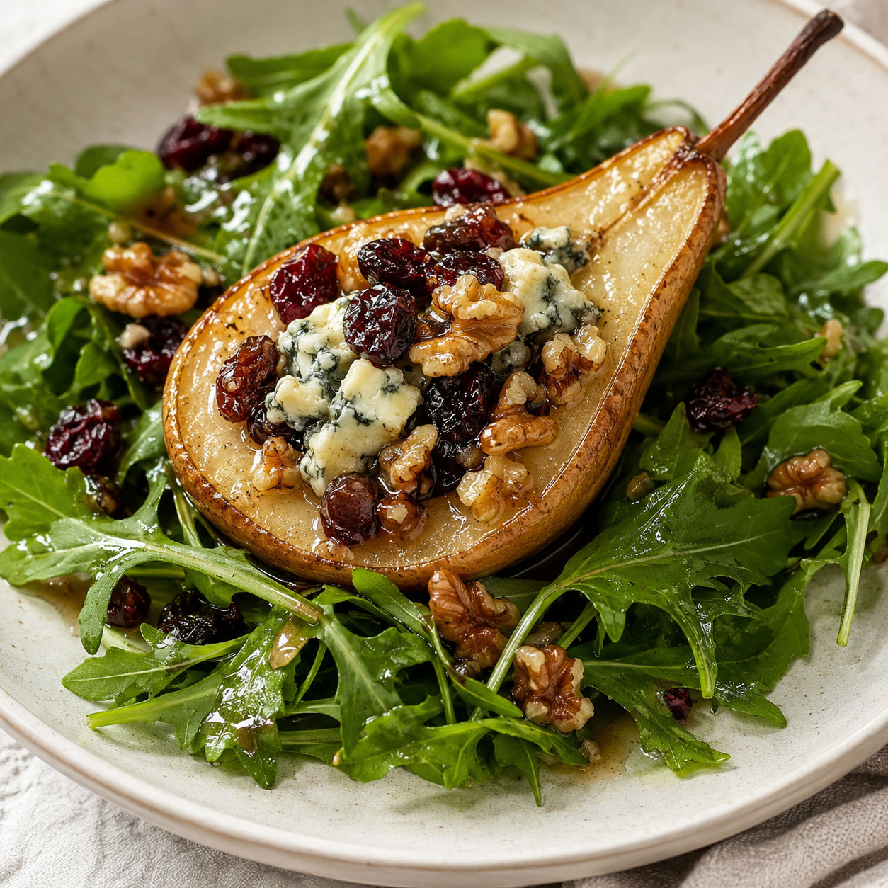 Roasted pear blue cheese salad with arugula, walnuts, and cranberries