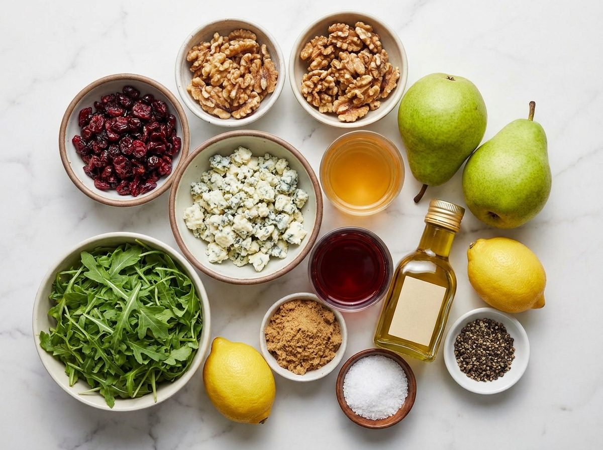 Ingredients for pear blue cheese salad with arugula and walnuts