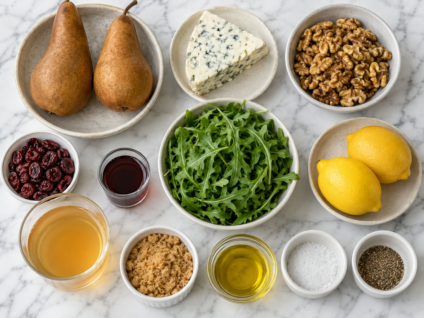 Pears, blue cheese, walnuts, cranberries, arugula, and cider for salad
