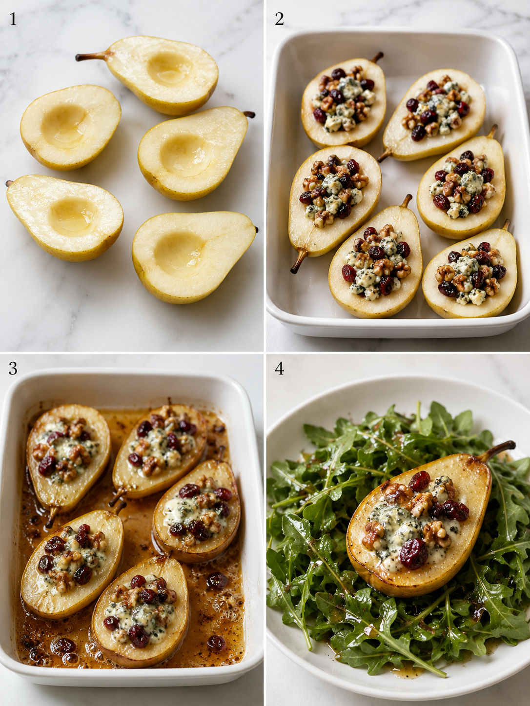 Four steps for roasted pear and blue cheese salad with arugula
