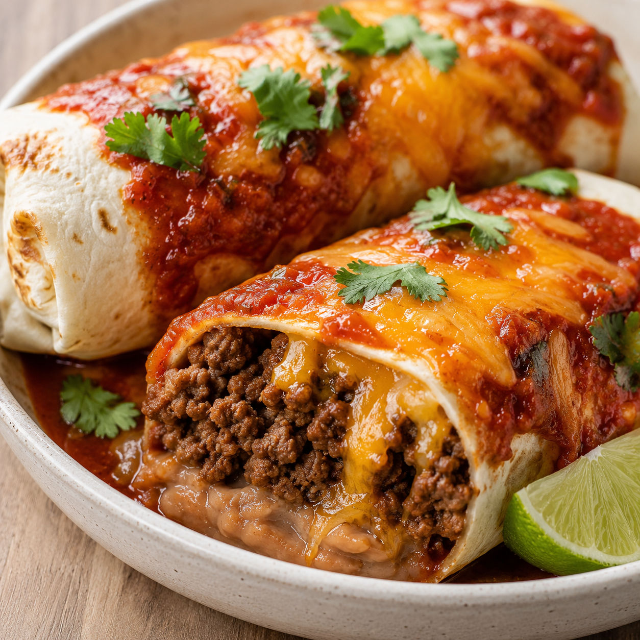 Beef and bean burritos with melted cheese, cilantro, and lime