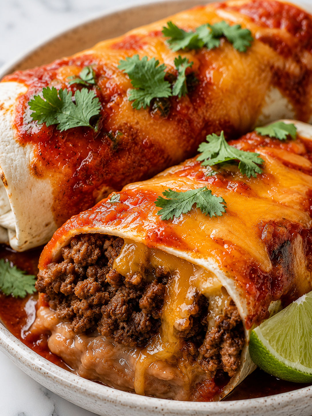 Beef And Bean Burritos, plated and served