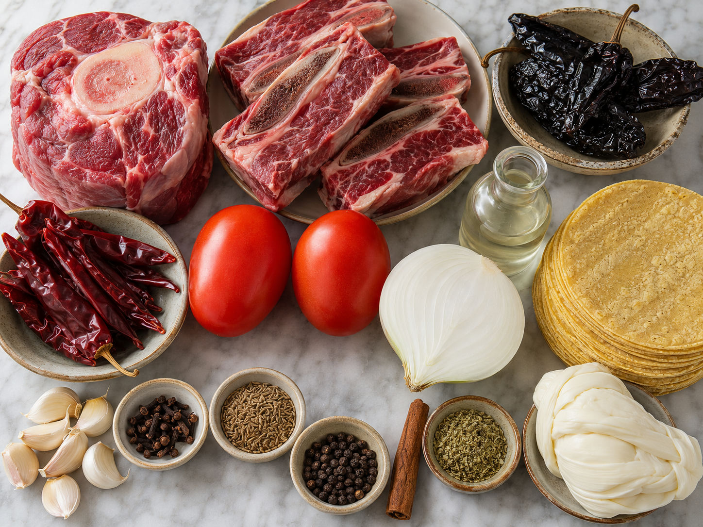 Raw ingredients for beef birria tacos including dried chiles, beef shank, short ribs, spices, and corn tortillas